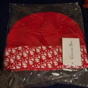 Dior Red Knit Hat with White Logo